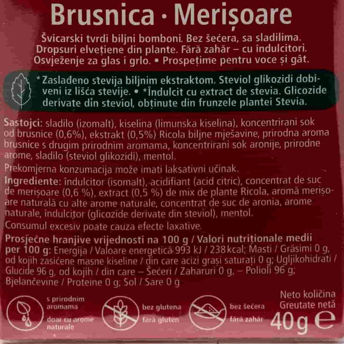 BOMBON RICOLA CRANBERRY STEVIA 40g SALVIA
