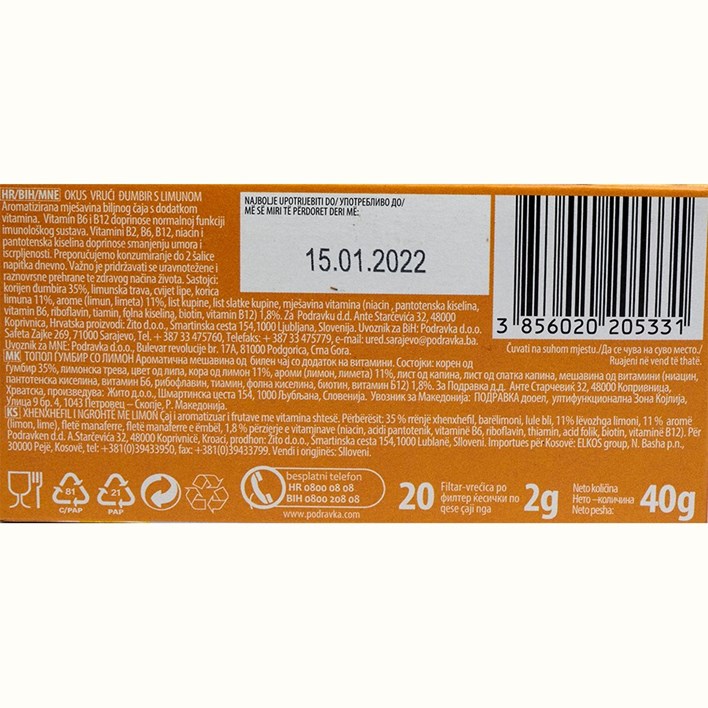 ČAJ FILTER VREĆICA VRUĆI ĐUMBIR S LIMUNOM 40g PODRAVKA