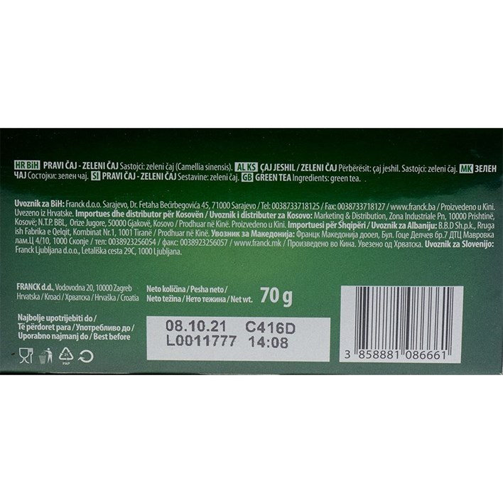 ČAJ FILTER VREĆICA ZELENI MAXI 70g FRANCK