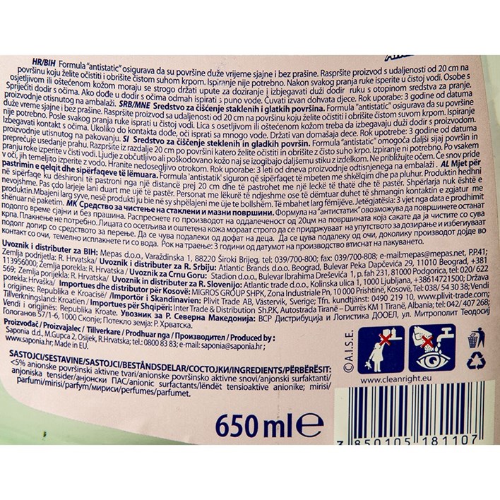 ČISTILO ARF STAKLO ANTISTATIC 650ml SAPONIA