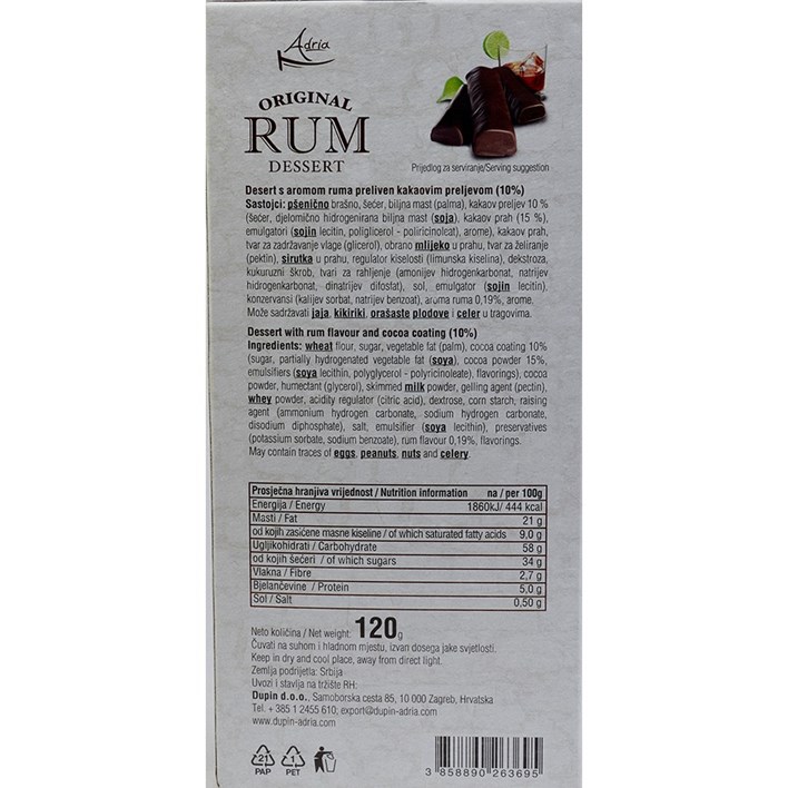 ČOKOLADA ADRIA RUM DESERT 120g