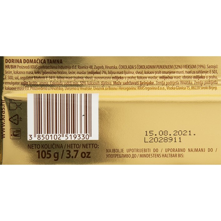 ČOKOLADA DORINA DOMAĆICA TAMNA 105g KRAŠ