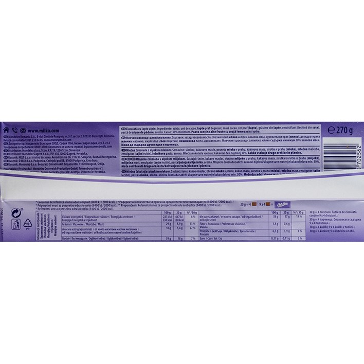 ČOKOLADA MILKA ALPINE MILK 270g