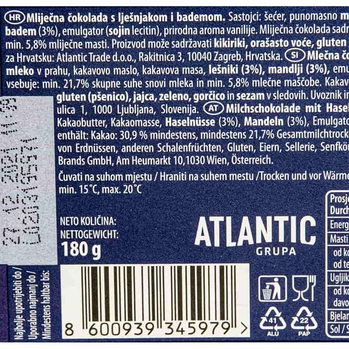 ČOKOLADA JIMMY FANTASTIC HAZELNUT AND ALMOND 180g ATLANTIC