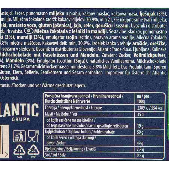 ČOKOLADA JIMMY FANTASTIC HAZELNUT AND ALMOND 180g ATLANTIC