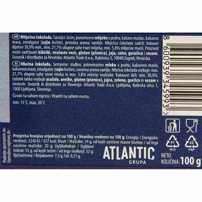 ČOKOLADA JIMMY FANTASTIC MILK 100g ATLANTIC