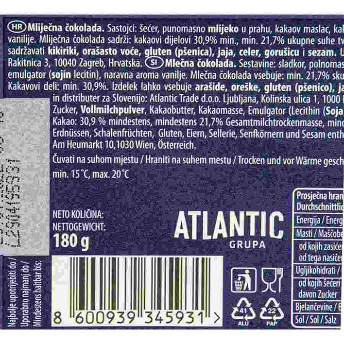 ČOKOLADA JIMMY FANTASTIC MILK 180g ATLANTIC