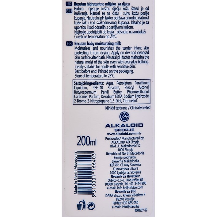 MLIJEKO ZA TIJELO BECUTAN BABY 200ml ORBICO