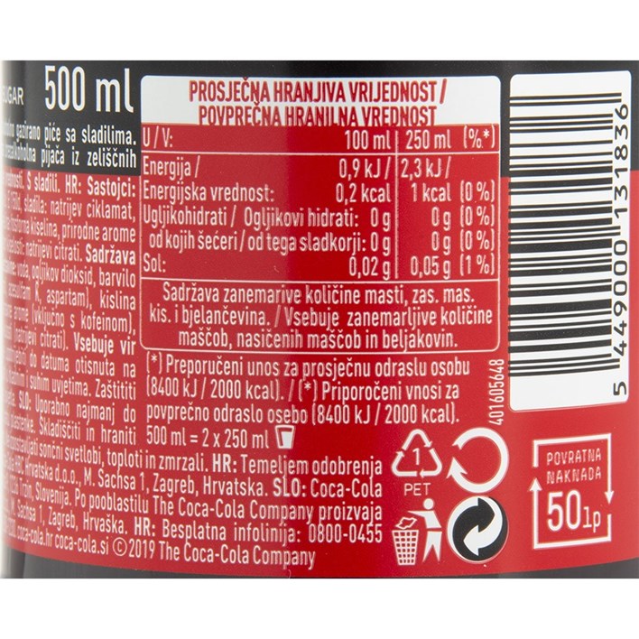SOK GAZIRANI COCA COLA ZERO 0,5l PVC COCA COLA