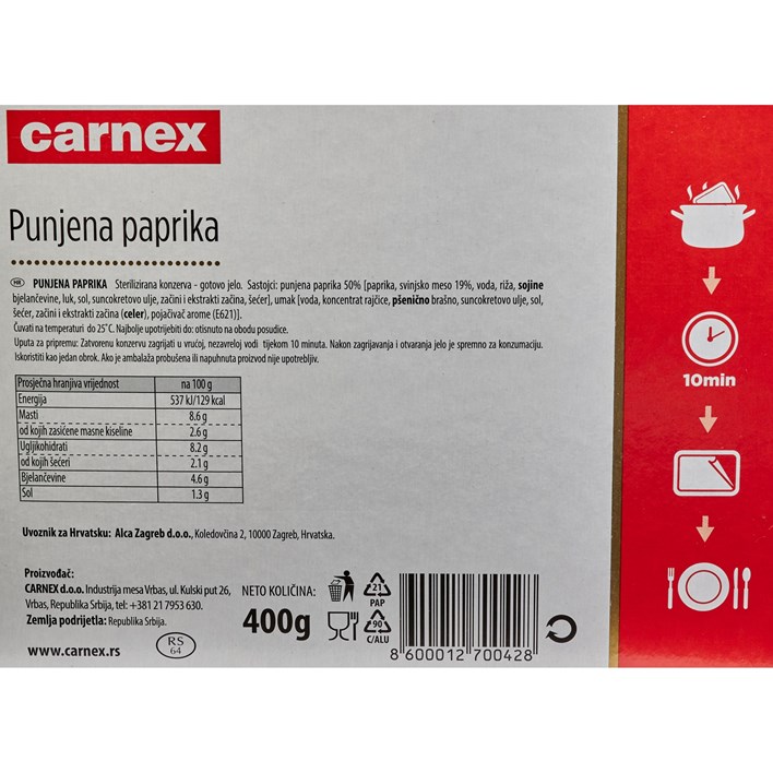 GOTOVO JELO PUNJENA PAPRIKA 400g CARNEX ALCA