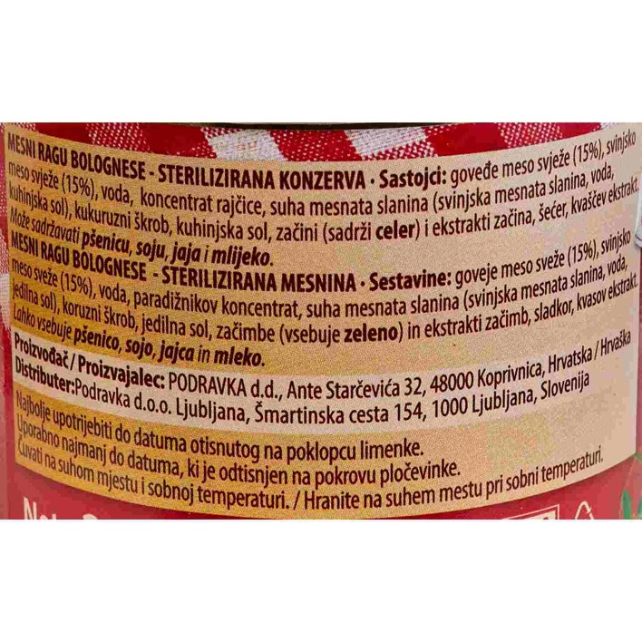 GOTOVO JELO MESNI RAGU BOLOGNESE 200g LIMENKA PODRAVKA