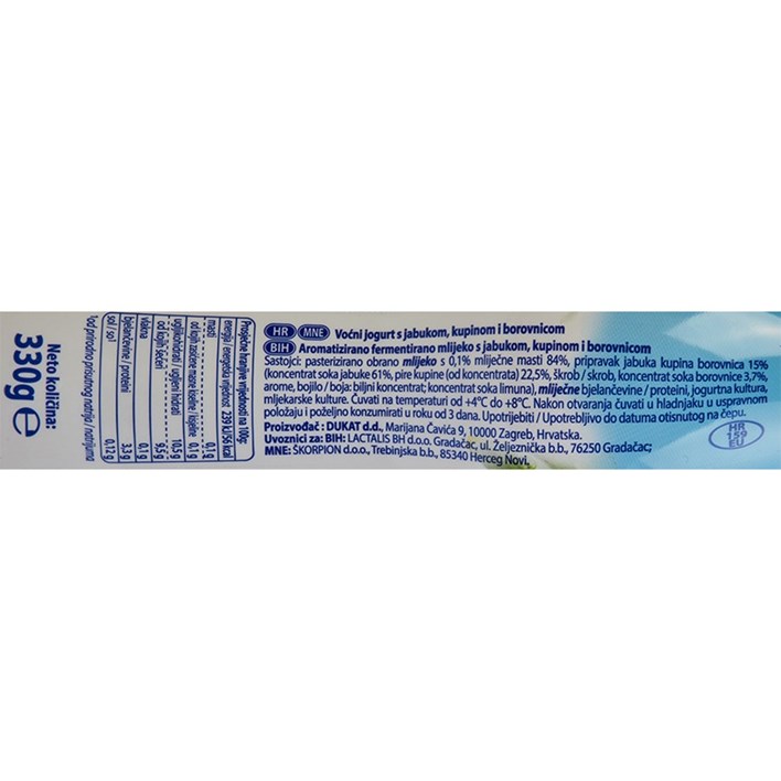 JOGURT VOĆNI BEZ DODANOG ŠEĆERA BOBICA SPOJ 330g DUKAT