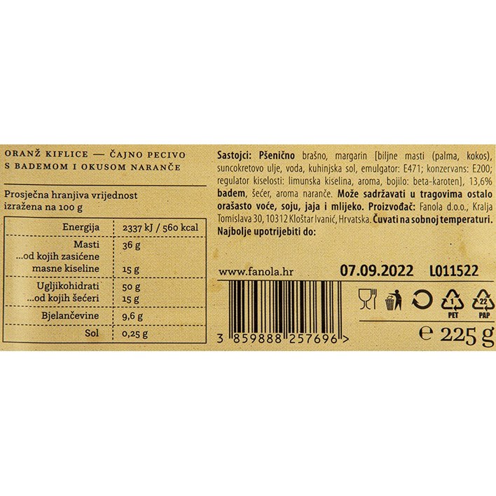 KEKS ORANŽ KIFLICE 225g FANOLA