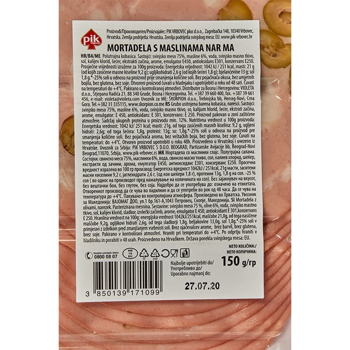 MORTADELA SA MASLINOM 150g NAREZANA PIK