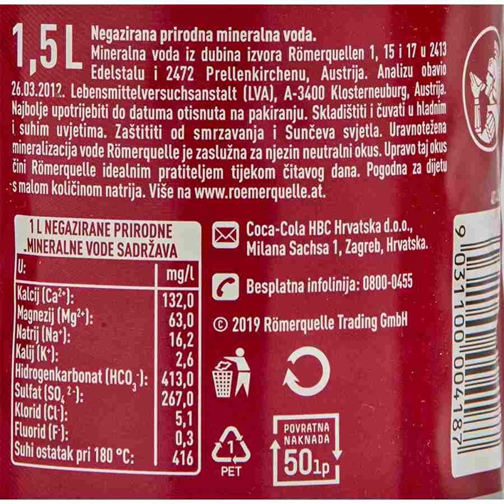 PRIRODNA VODA ROMERQUELLE STILL 1,5l PVC COCA COLA
