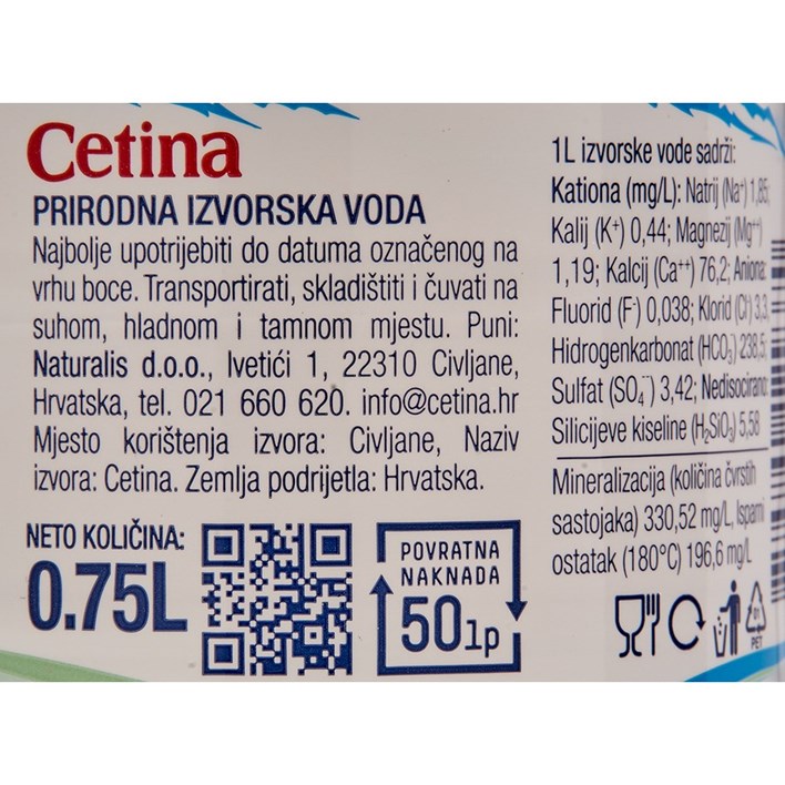 PRIRODNA IZVOR VODA CETINA 0,75l