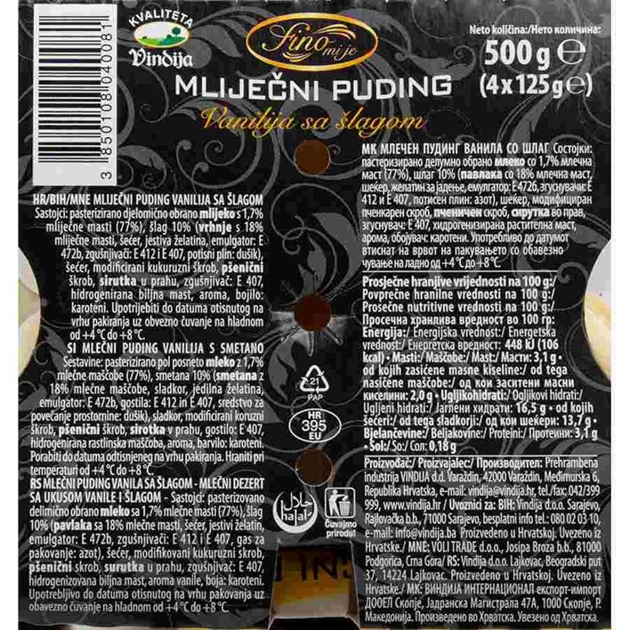 PUDING VANILIJA SA ŠLAGOM 4X125g VINDIJA