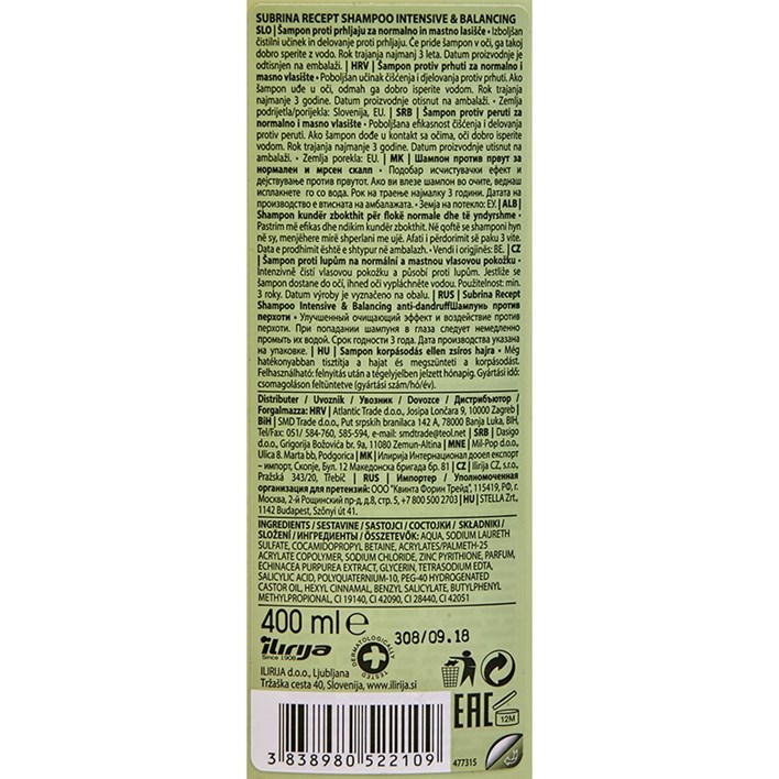 ŠAMPON ZA KOSU SUBRINA INTEN.400ML