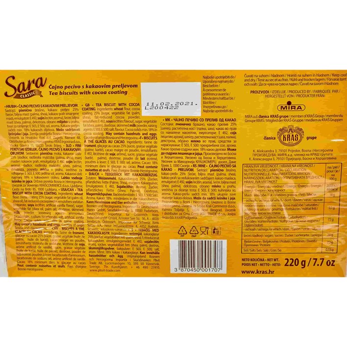 SARA CLASSIC S KAKAOVIM PRELJEVOM 220g KRAŠ