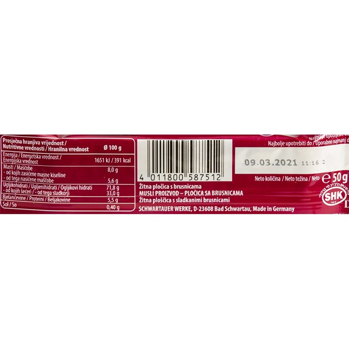ŽITNA PLOČICA CORNY BIG BRUSNICA 50g ATLANTIC