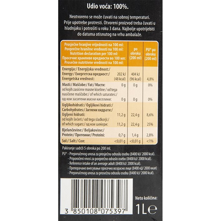 SOK VINDI JUICE NARANČA 100% 1l VINDIJA