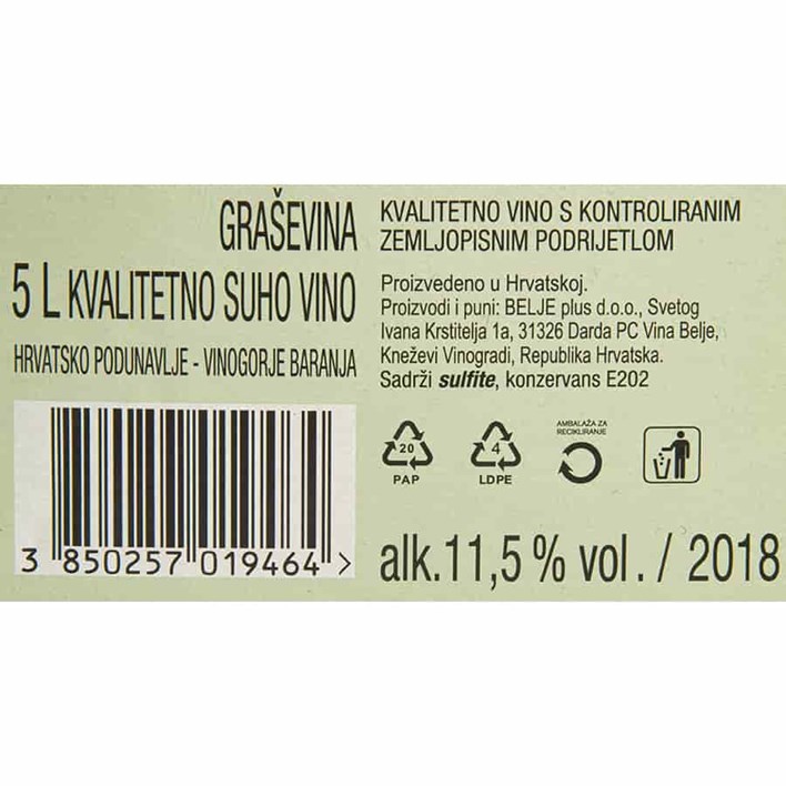 VINO BIJELO GRAŠEVINA BELJE 5l BAG-BOX JAMNICA