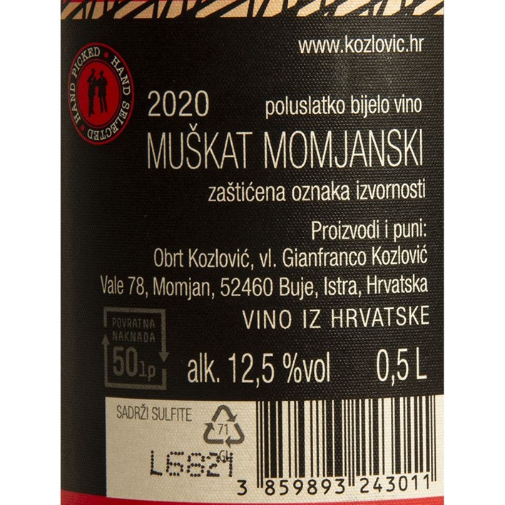 VINO BIJELO MUŠKAT KOZLOVIĆ 0,5l VRUTAK