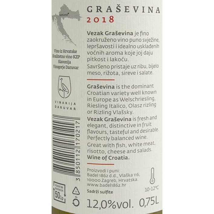 VINO BIJELO VEZAK GRAŠEVINA 0,75l BADEL