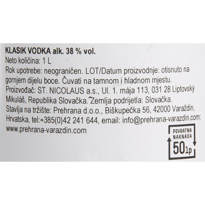 VODKA KLASIK 38% 1l PREHRANA