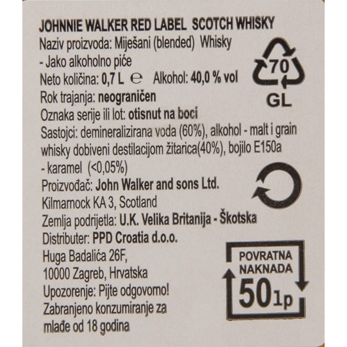 WHISKY JOHNNIE WALKER RED LABEL 0,7l